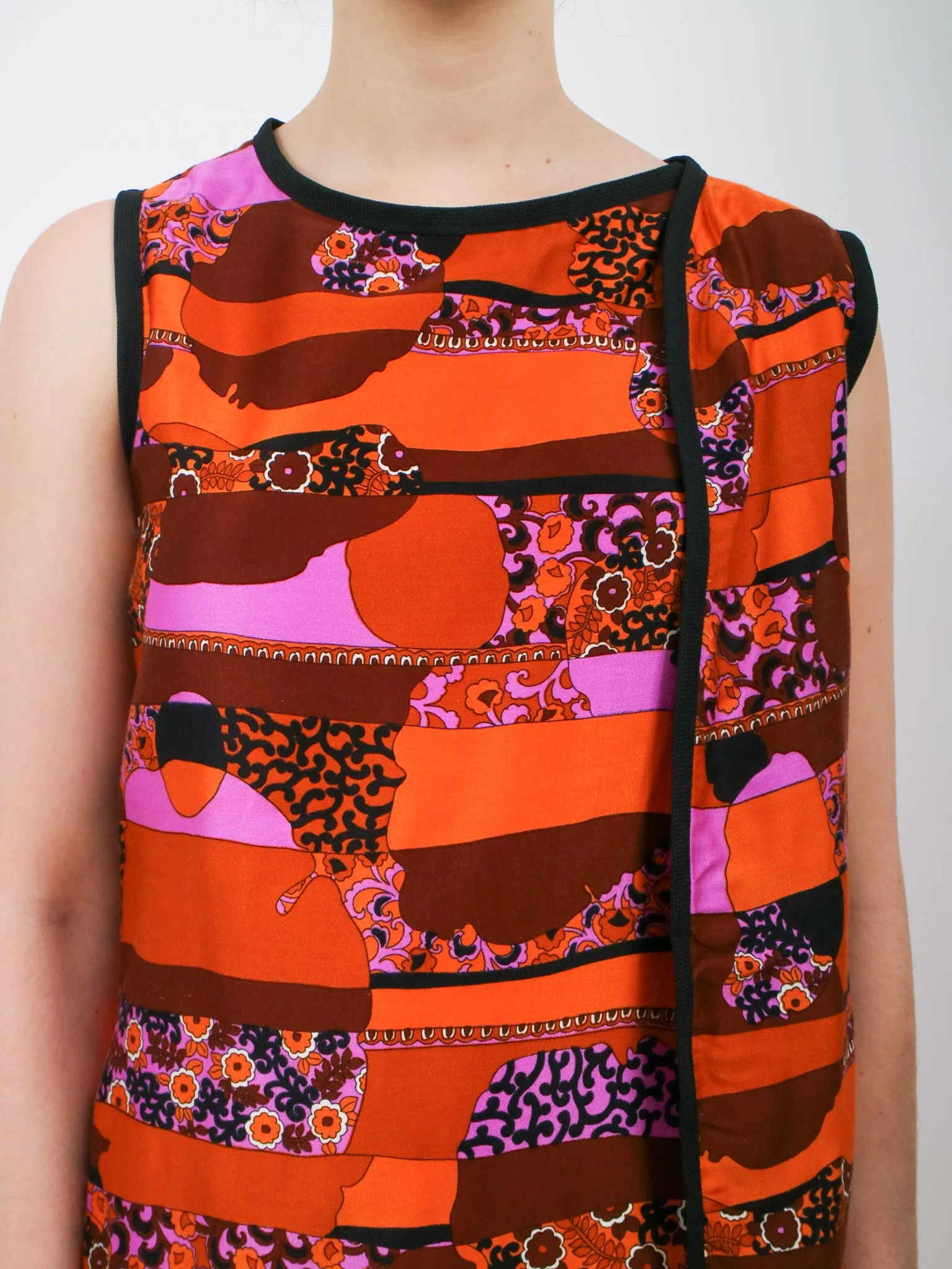 1960s Mod Orange Pink and Black Wrap Mini Dress