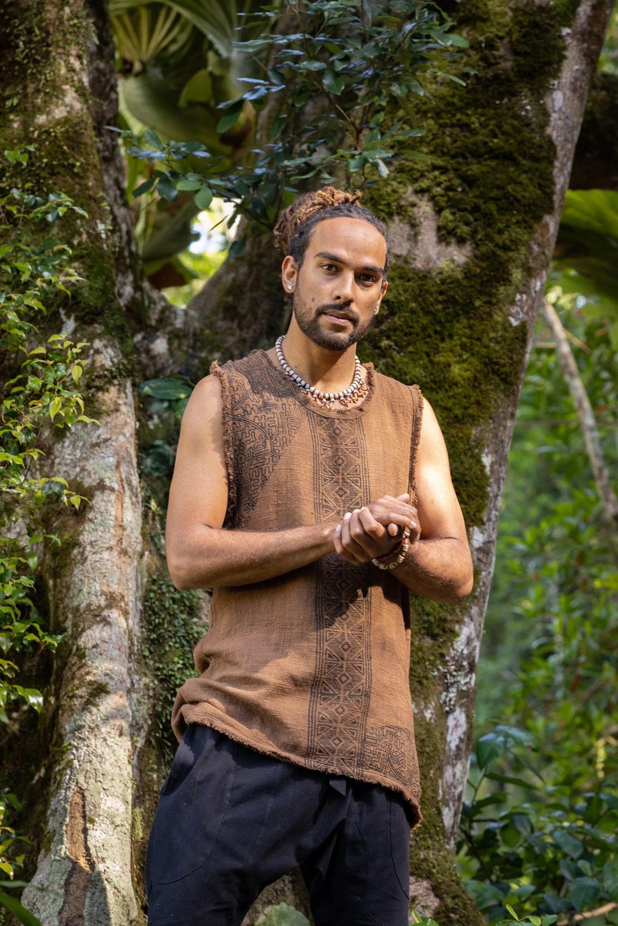 AKAU Tank Top Brown Sleeveless Shirt Shipibo Block Printed Handmade Natural Muscle Cotton Shamanic Tribal Festival Ceremony Ritual AJJAYA