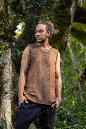 AKAU Tank Top Brown Sleeveless Shirt Shipibo Block Printed Handmade Natural Muscle Cotton Shamanic Tribal Festival Ceremony Ritual AJJAYA