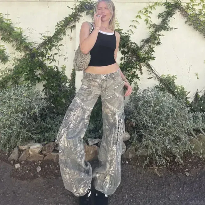 Casual Camouflage Cargo Pants Loose Overalls Summer Low Waist Straight Trousers With Pockets