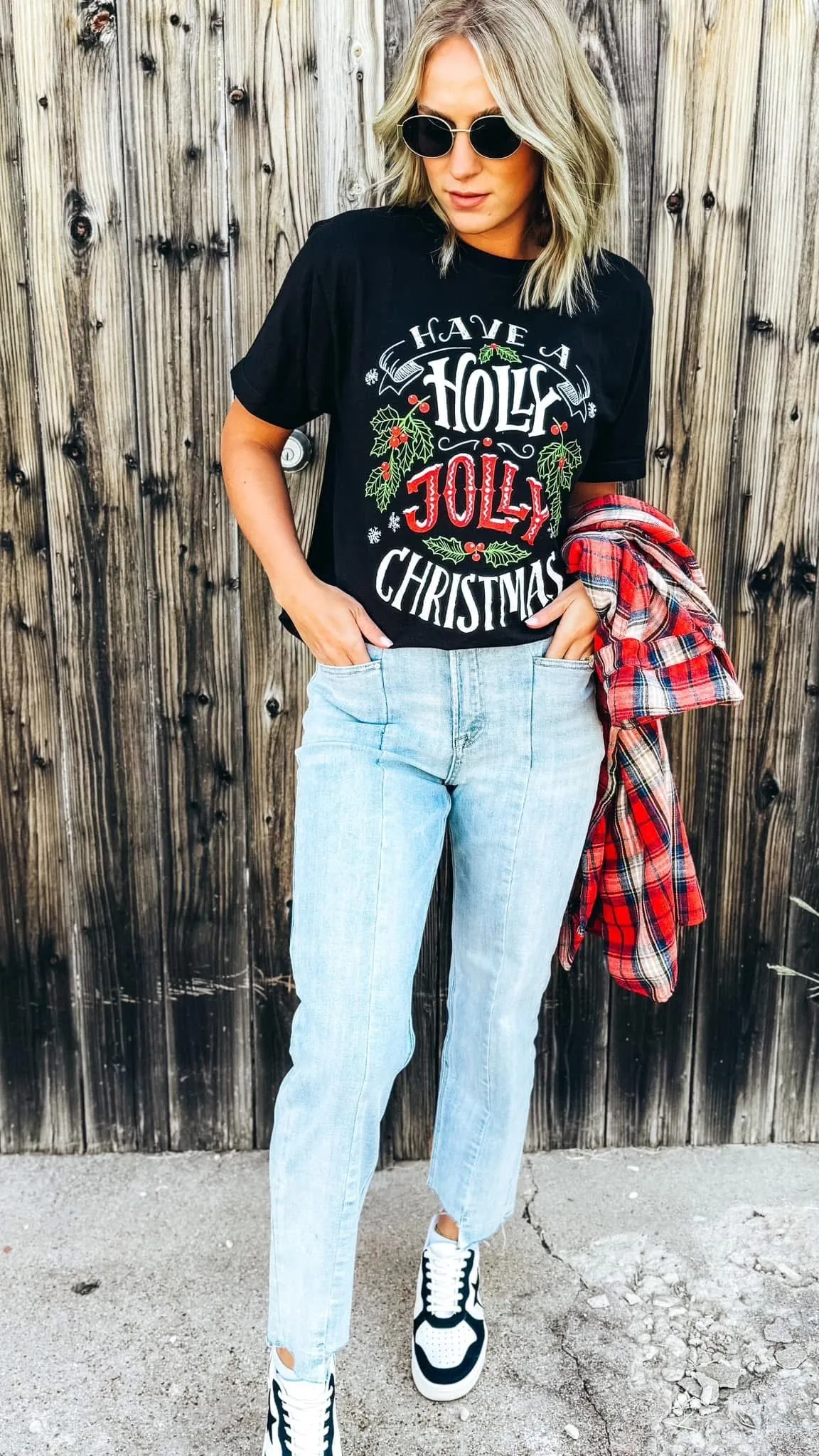 Chalkboard Holly Jolly Christmas Vintage Black Tee