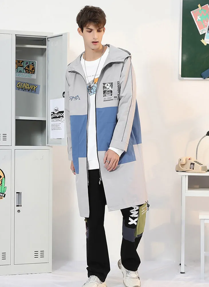 Color Block Print Pocket Hooded Trench Coat