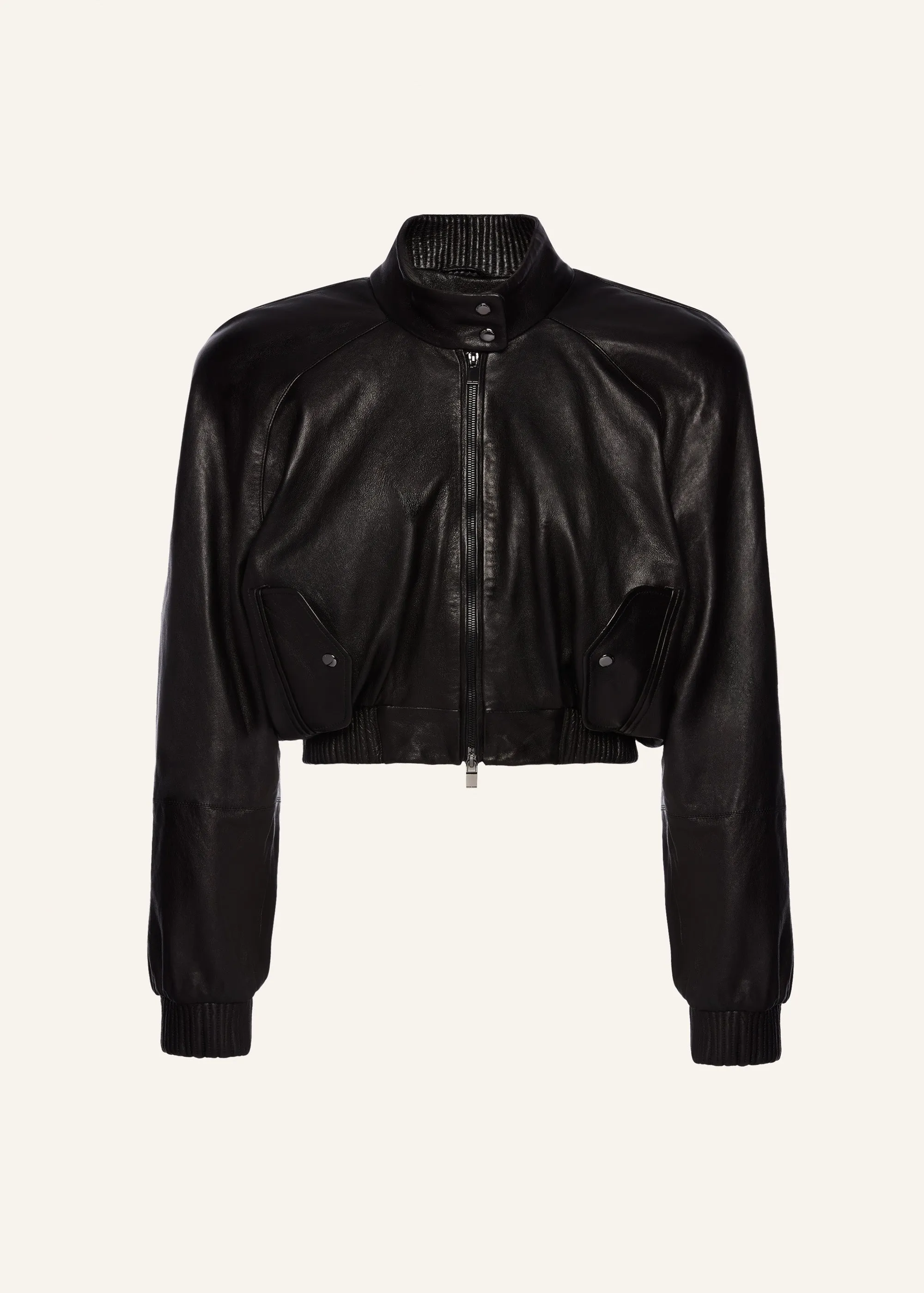 Cropped leather bomber jacket in black