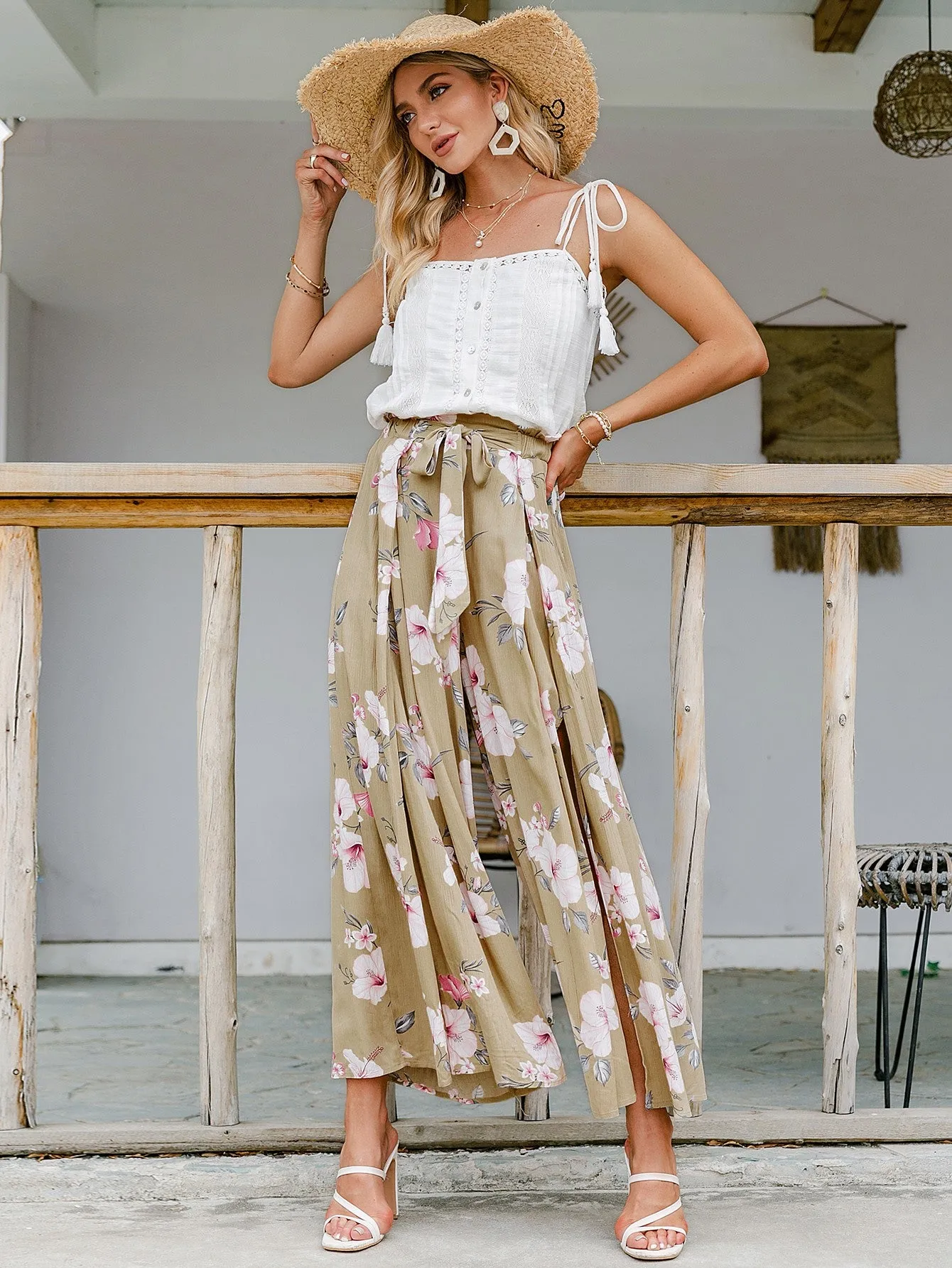 Floral Tie-Waist Split Culottes