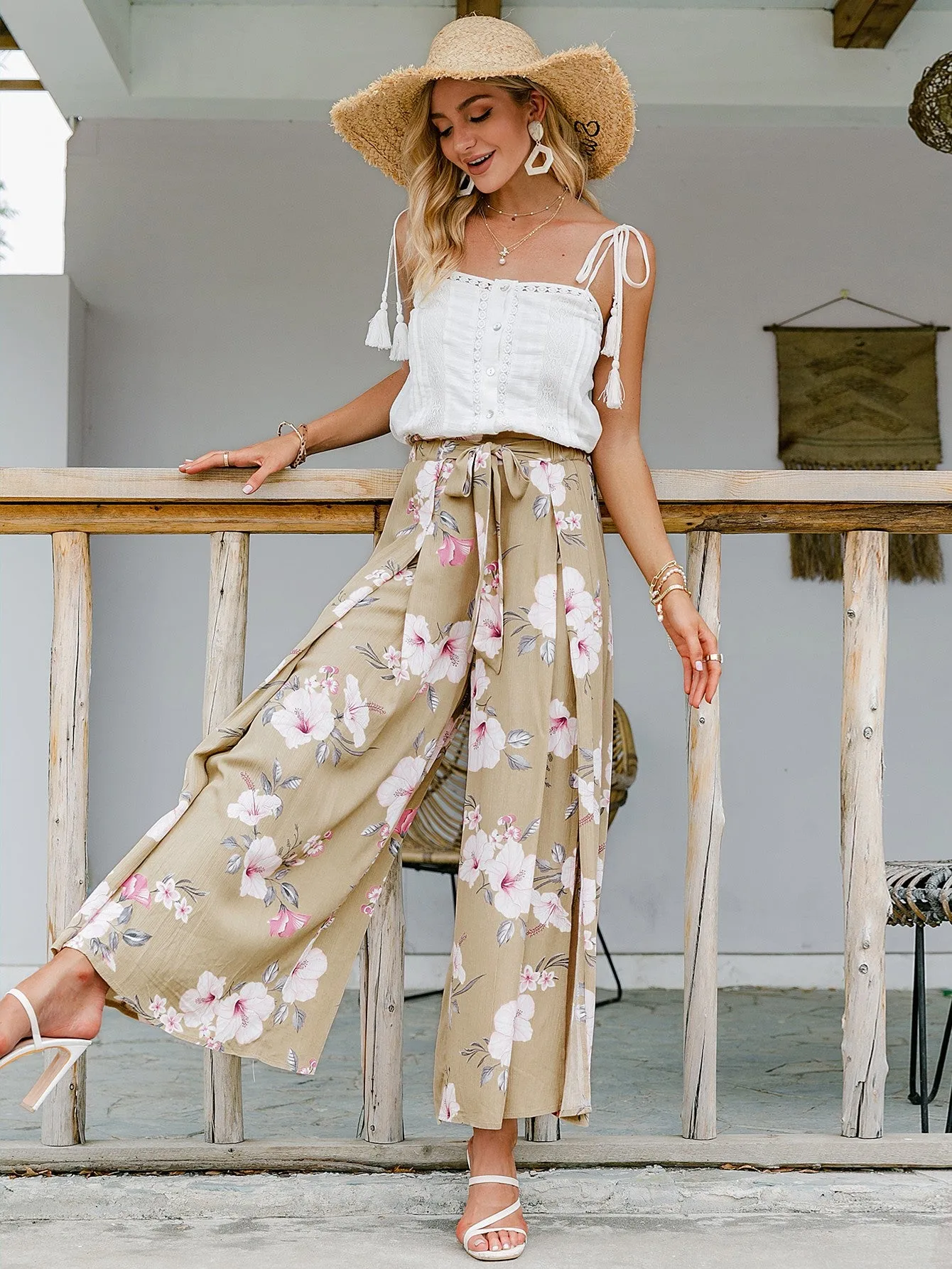 Floral Tie-Waist Split Culottes