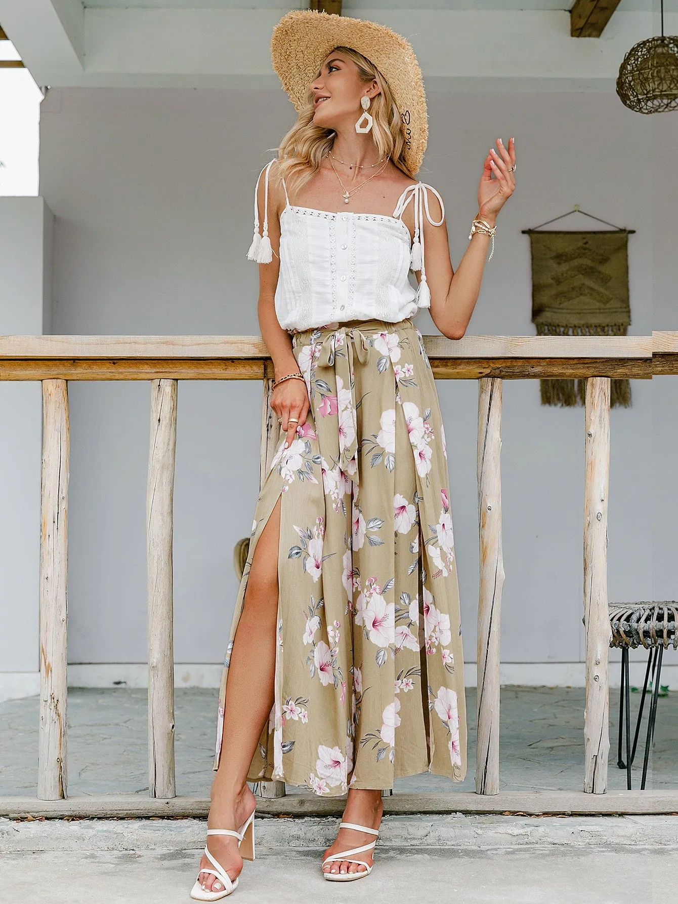 Floral Tie-Waist Split Culottes