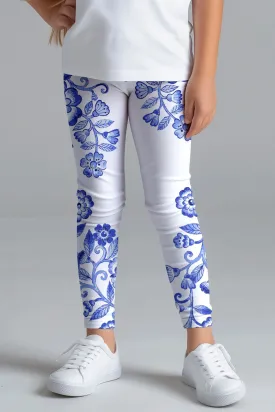 Flowerful Lucy White Blue Floral Print Sporty Dance Leggings - Girls