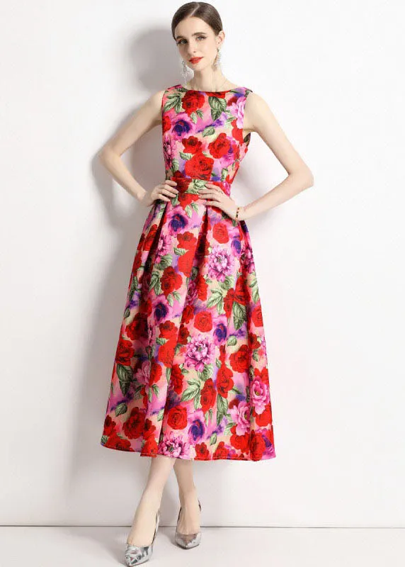 French Floral Print Wrinkled Patchwork Chiffon A Line Skirts Sleeveless LY7454