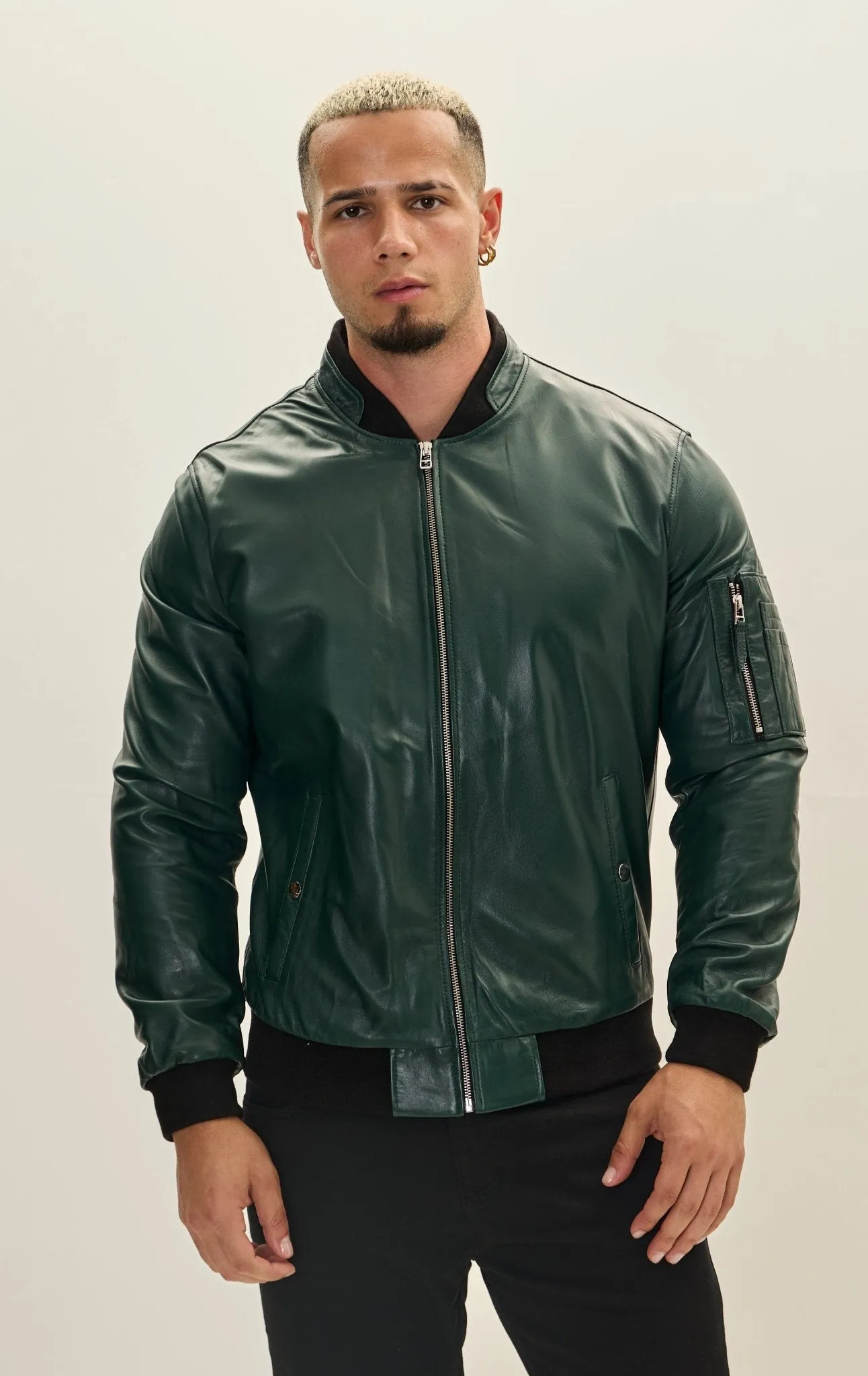 Genuine Leather Bomber Jacket - Green