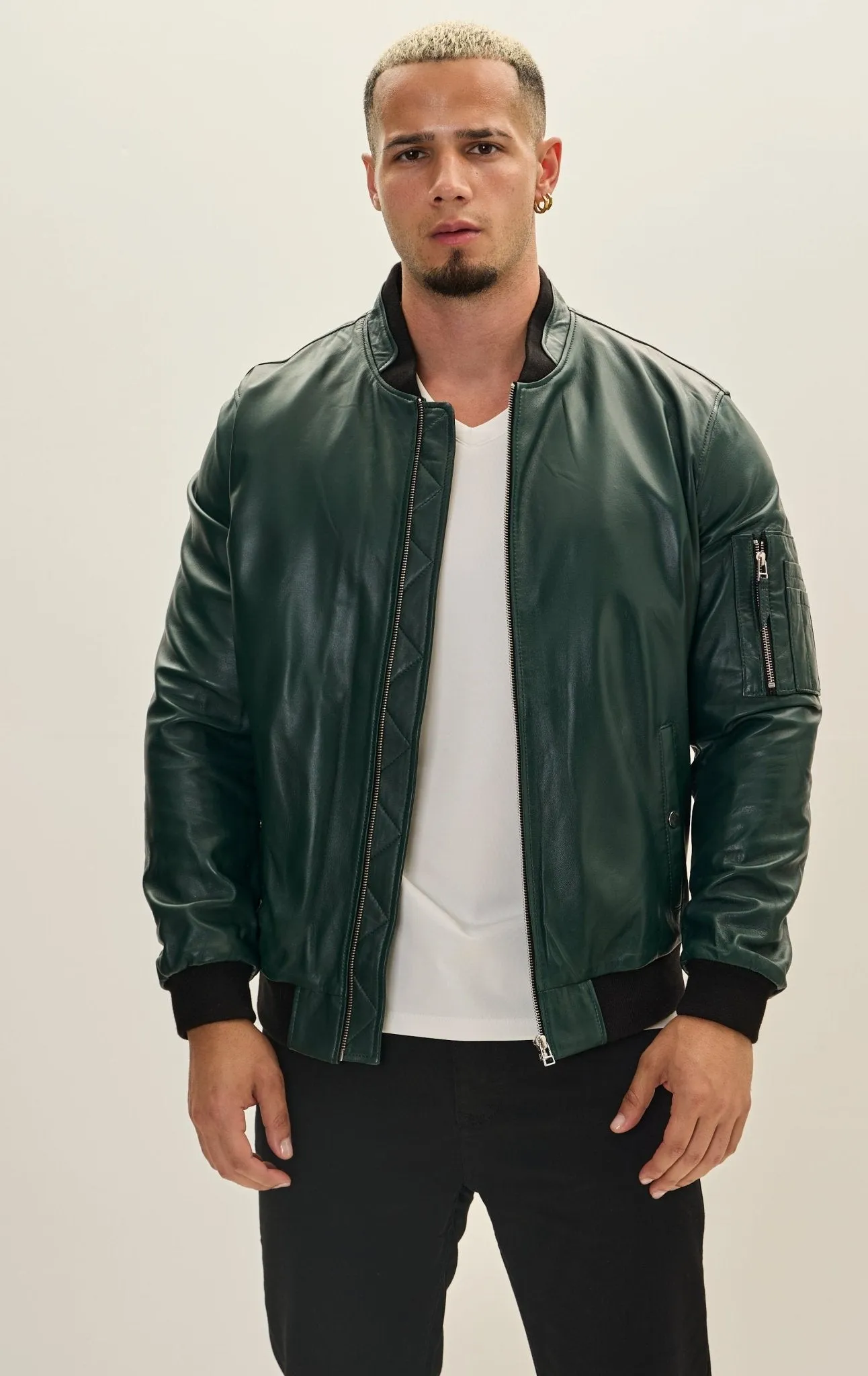 Genuine Leather Bomber Jacket - Green