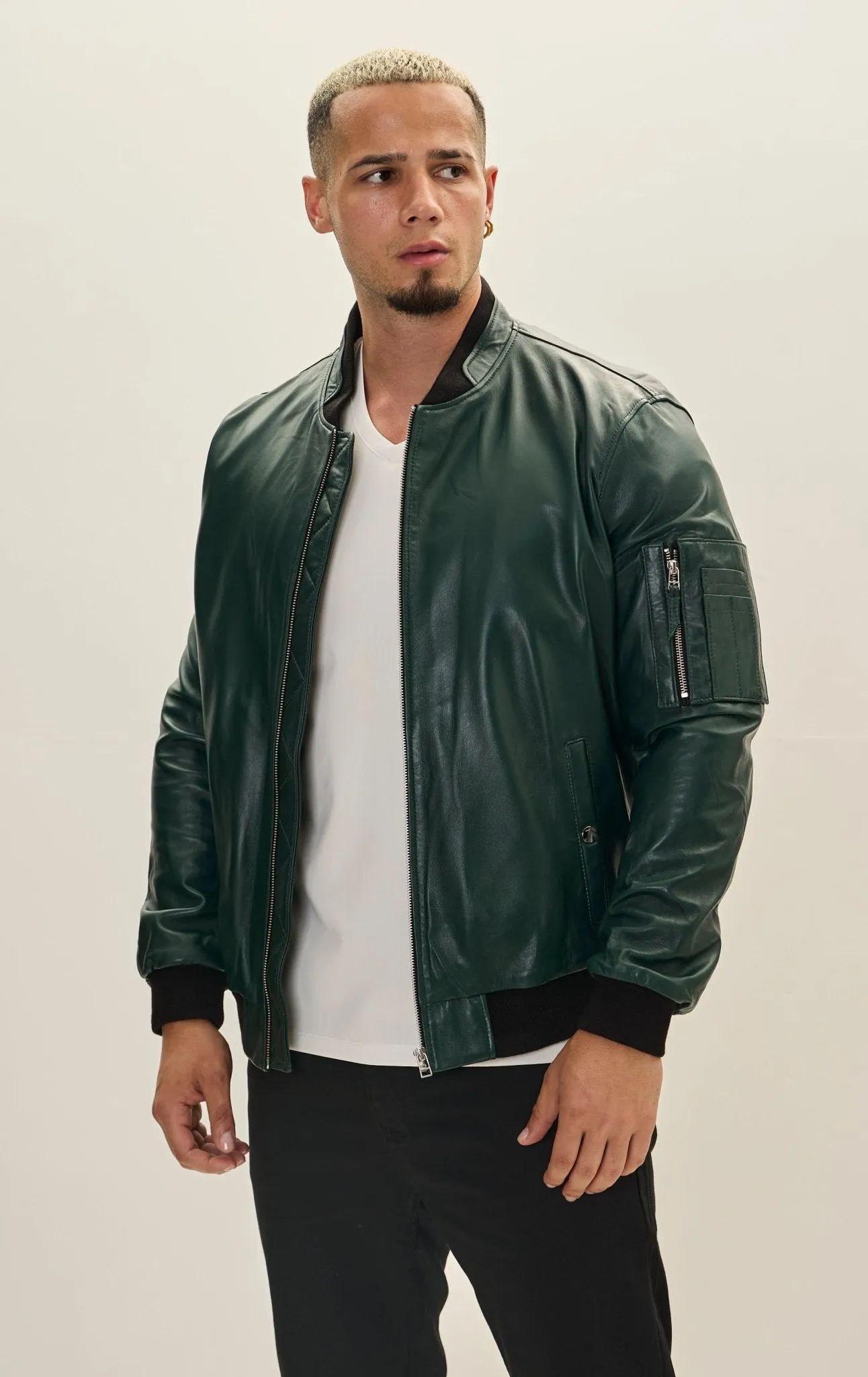 Genuine Leather Bomber Jacket - Green