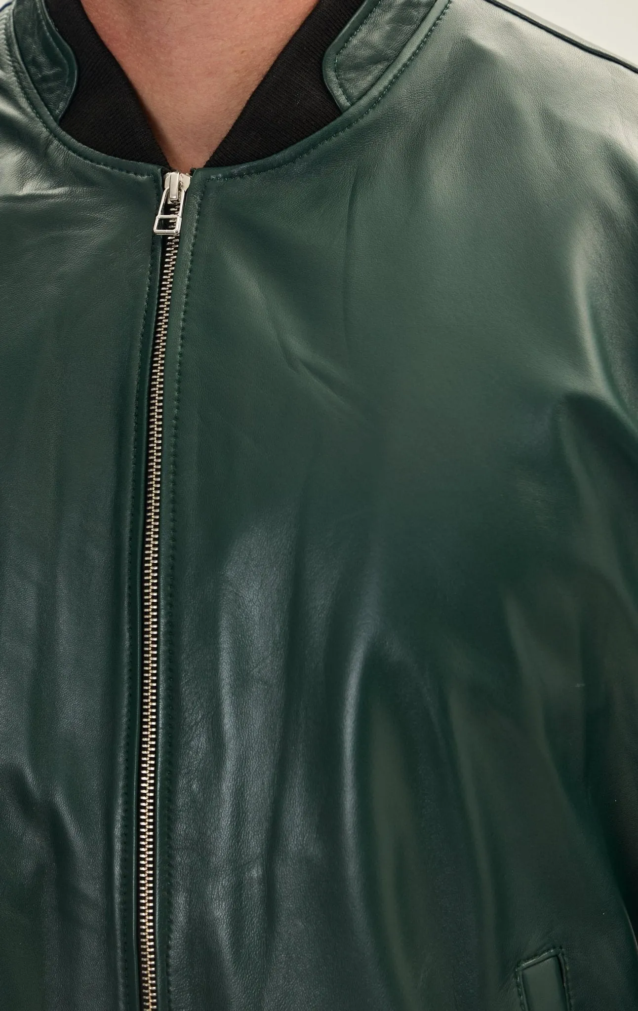 Genuine Leather Bomber Jacket - Green