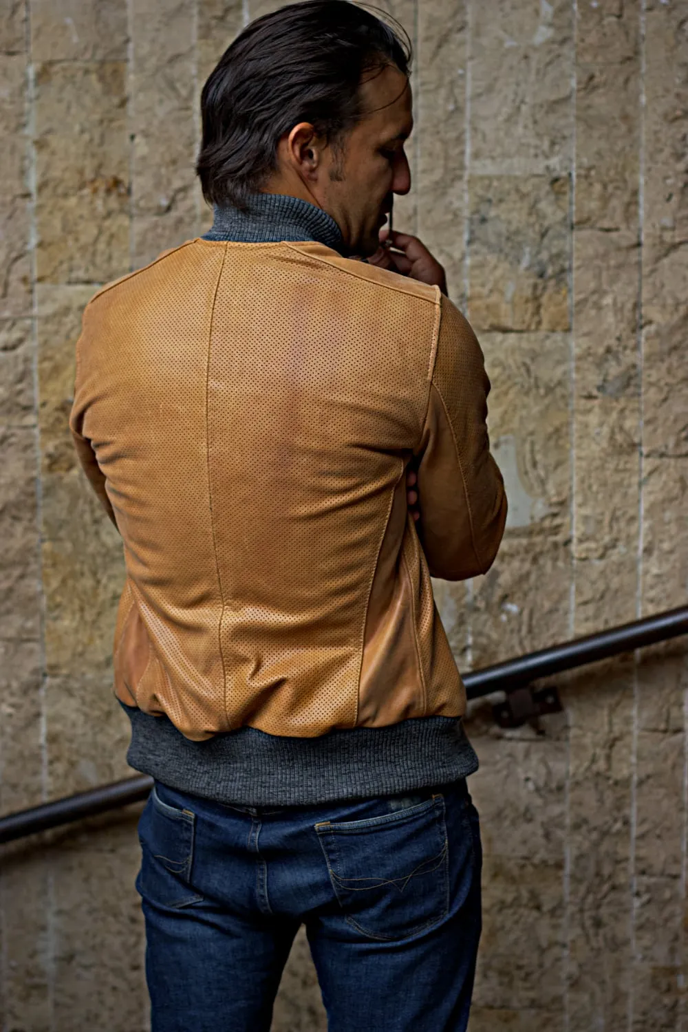 Grand Prix Bomber Jacket in Perforated Aged Leather - Dried Leaf Brown