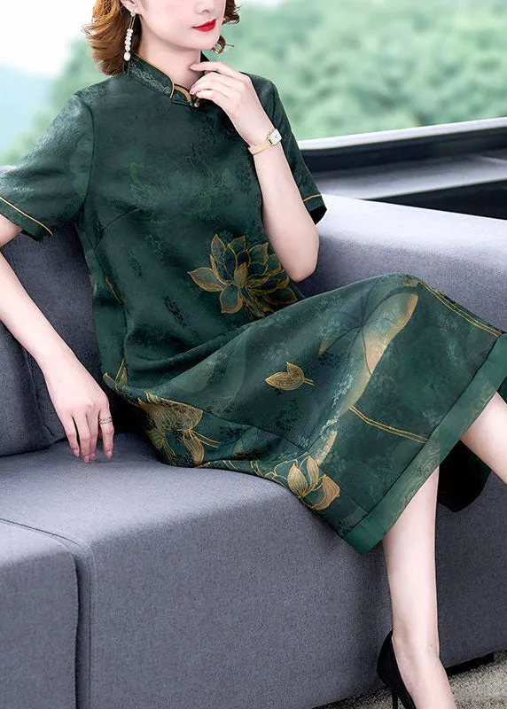 Green Lotus Print Silk A Line Skirts Stand Collar Summer LY2240