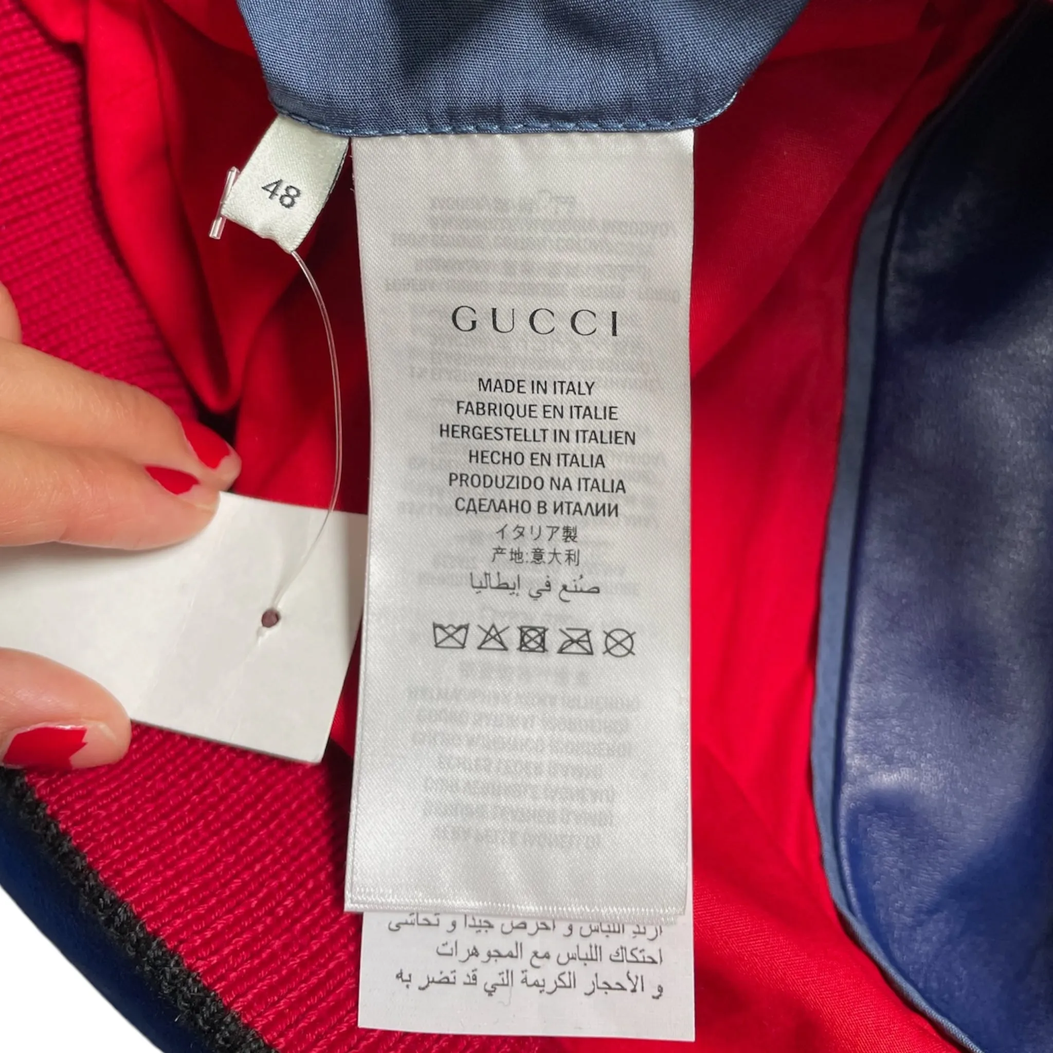 Gucci Bird Embroidered Leather Bomber Jacket Red Blue