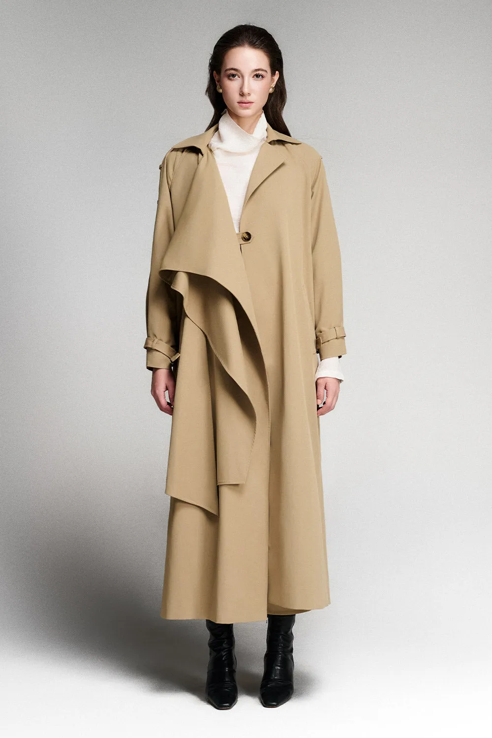 Julianna A-line Cape Shoulder Khaki Midi Trench Coat