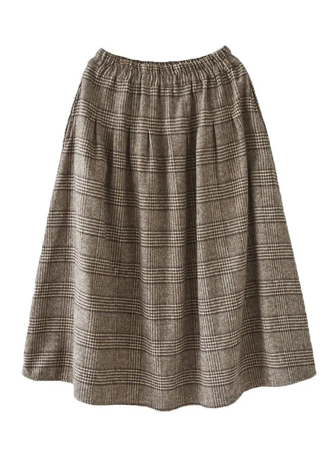 Khaki Plaid Cotton A Line Skirt Elastic Waist Thick Spring TG1062