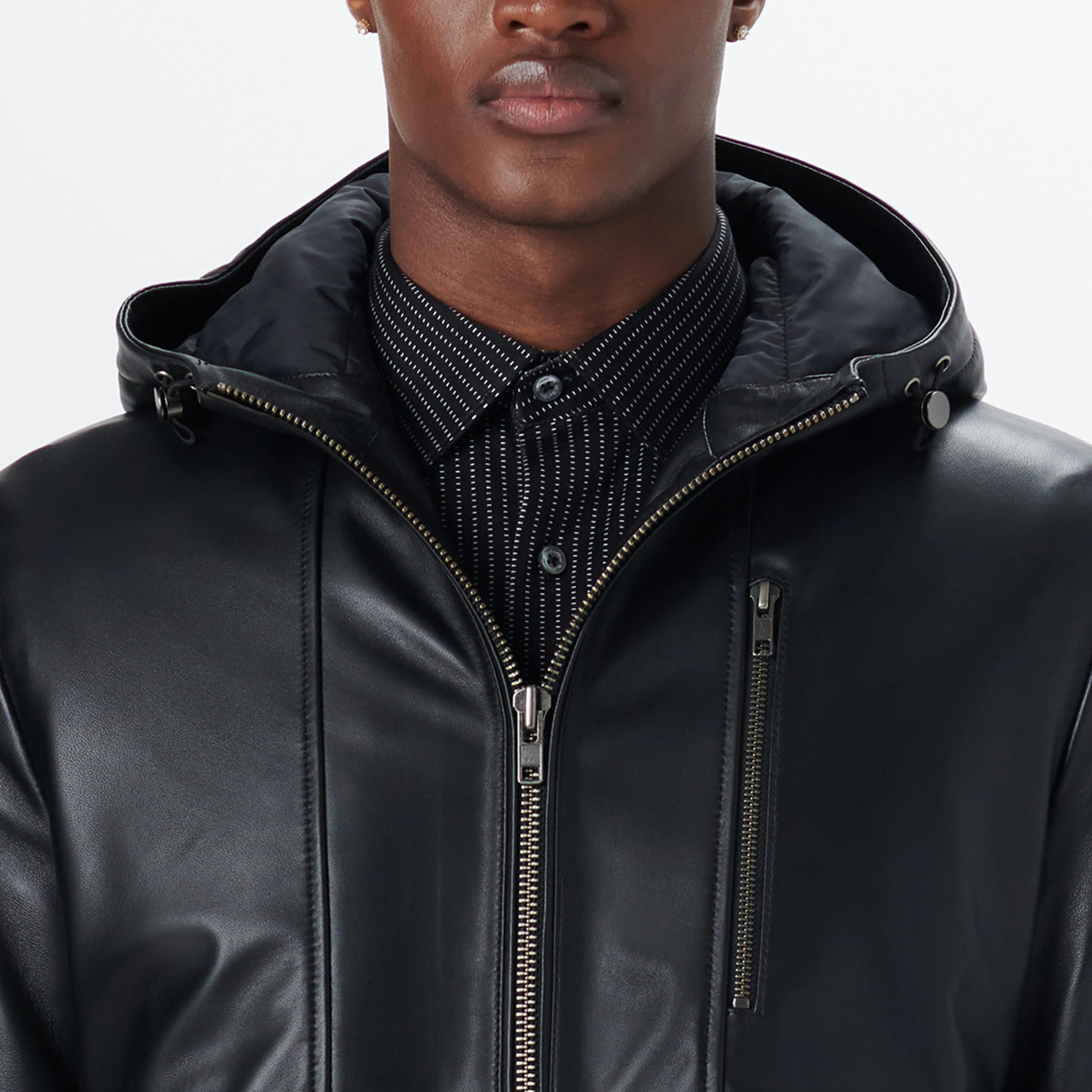 Leather Bomber Jacket with Hood