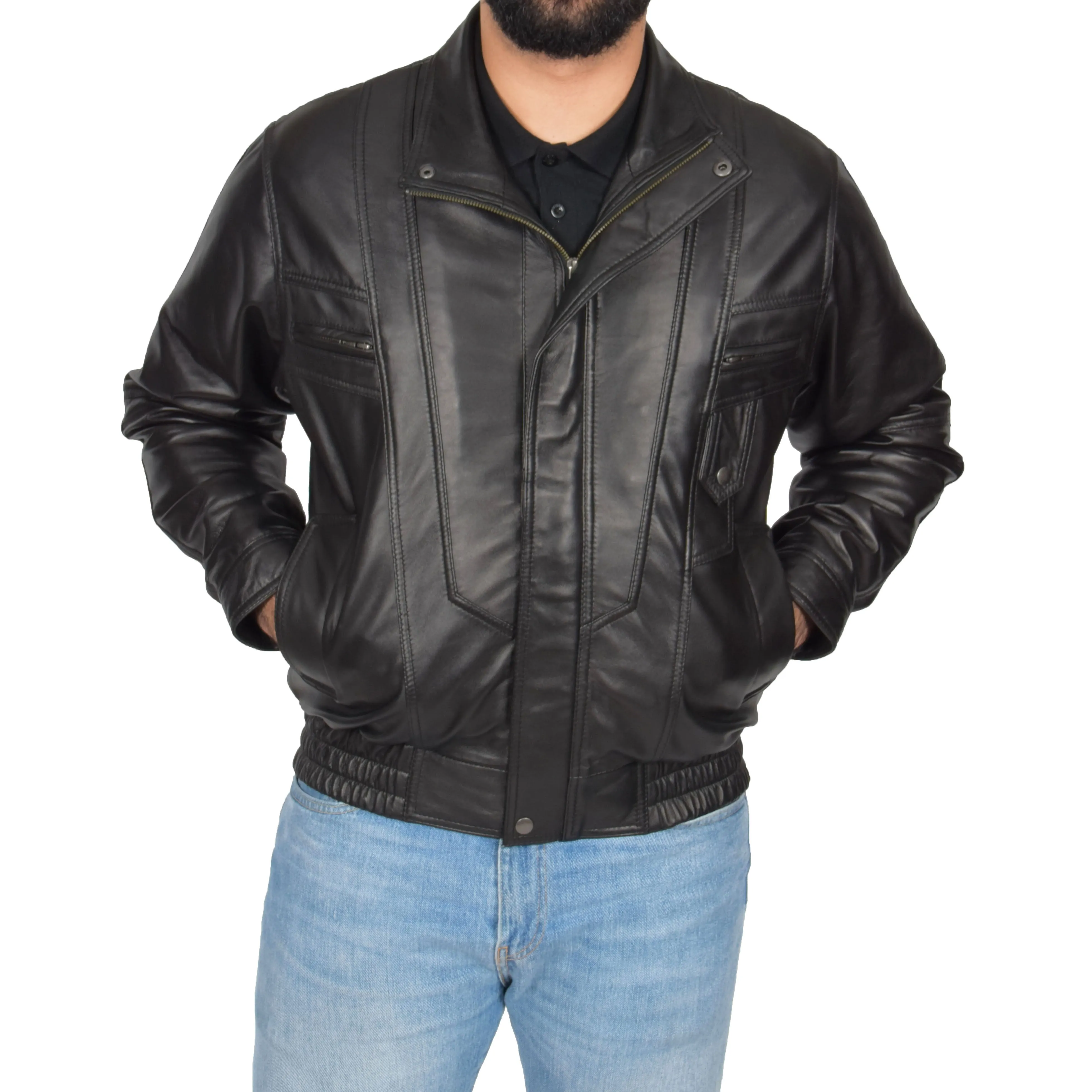 Mens Classic Bomber Soft Leather Jacket Alan Black