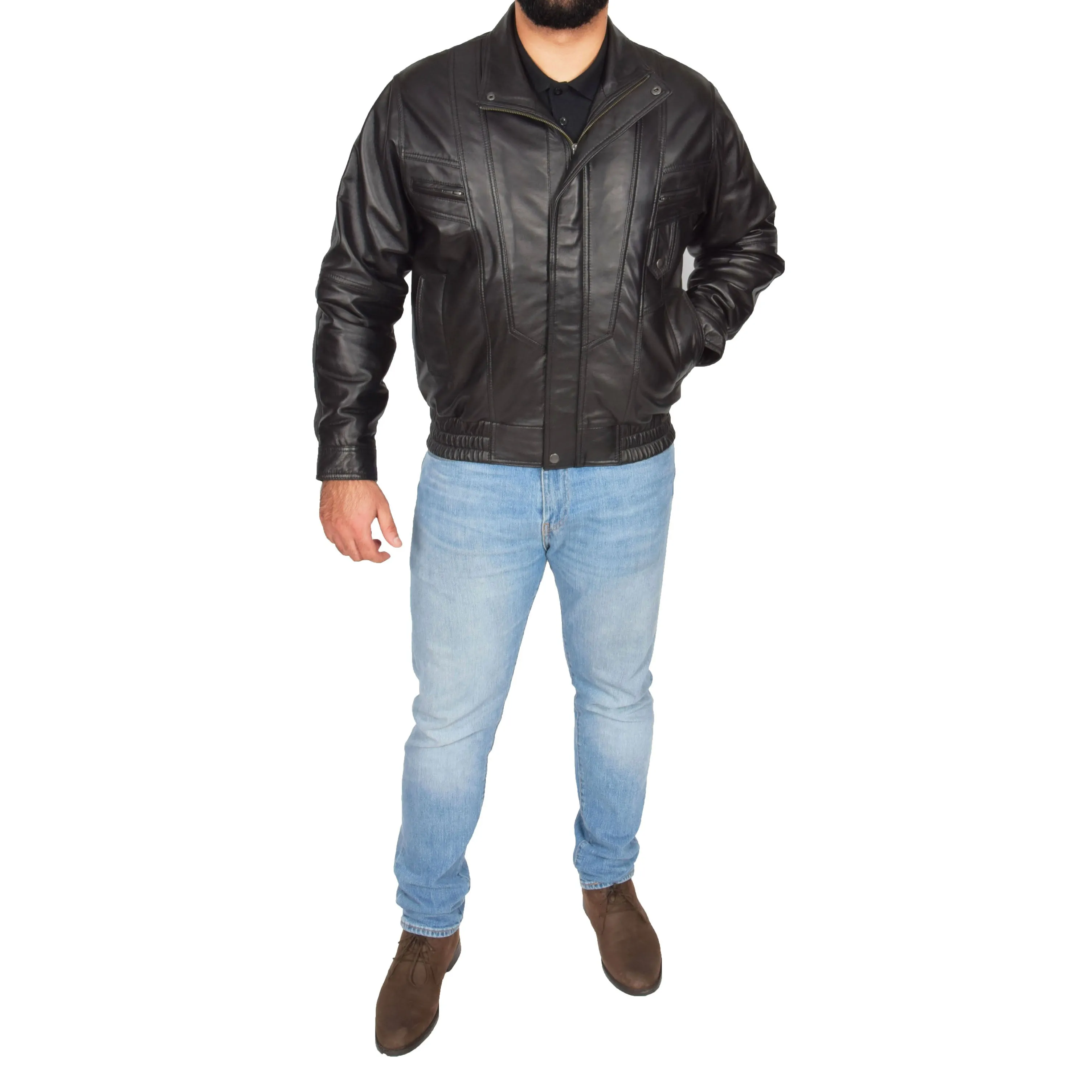 Mens Classic Bomber Soft Leather Jacket Alan Black