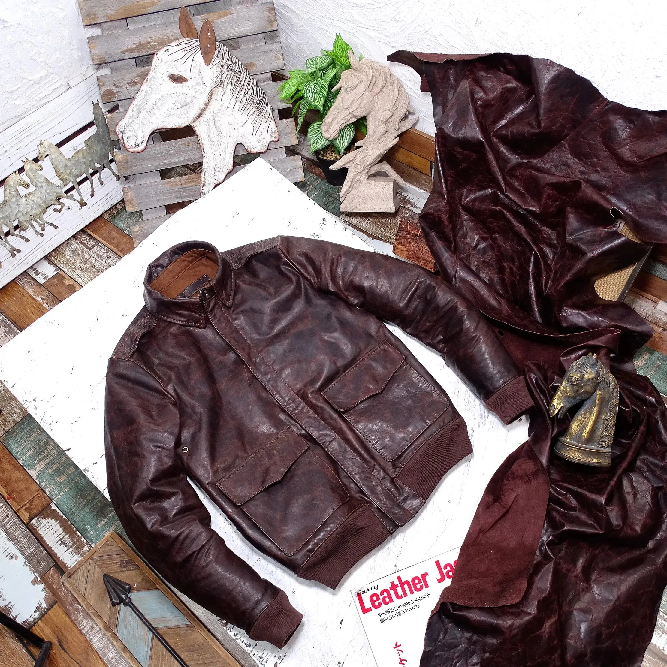 Men's Leather Jacket A2 Aviator Bomber Military Uniform Horsehide Brown