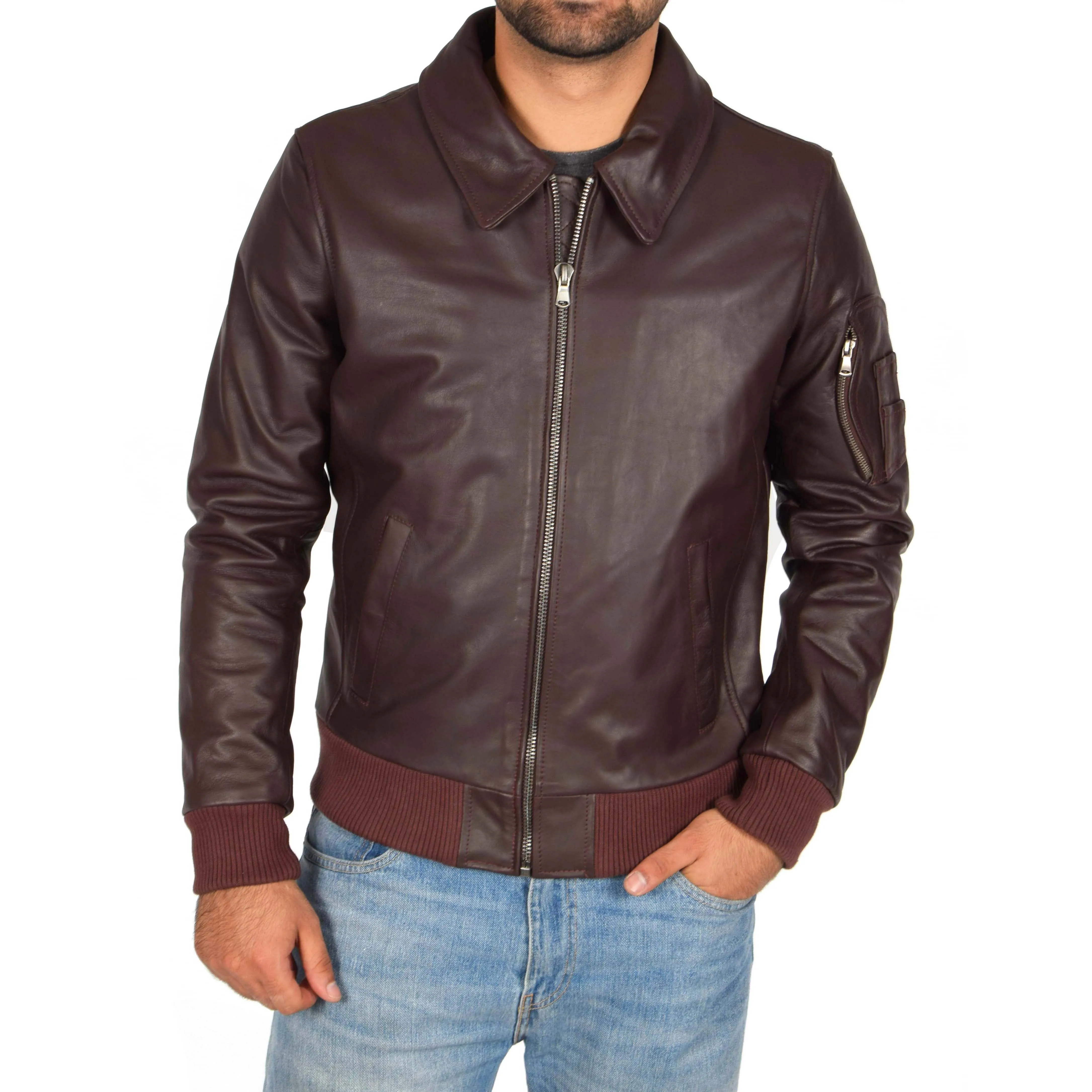 Mens Real Cowhide Bomber Leather Pilot Jacket Lance Burgundy