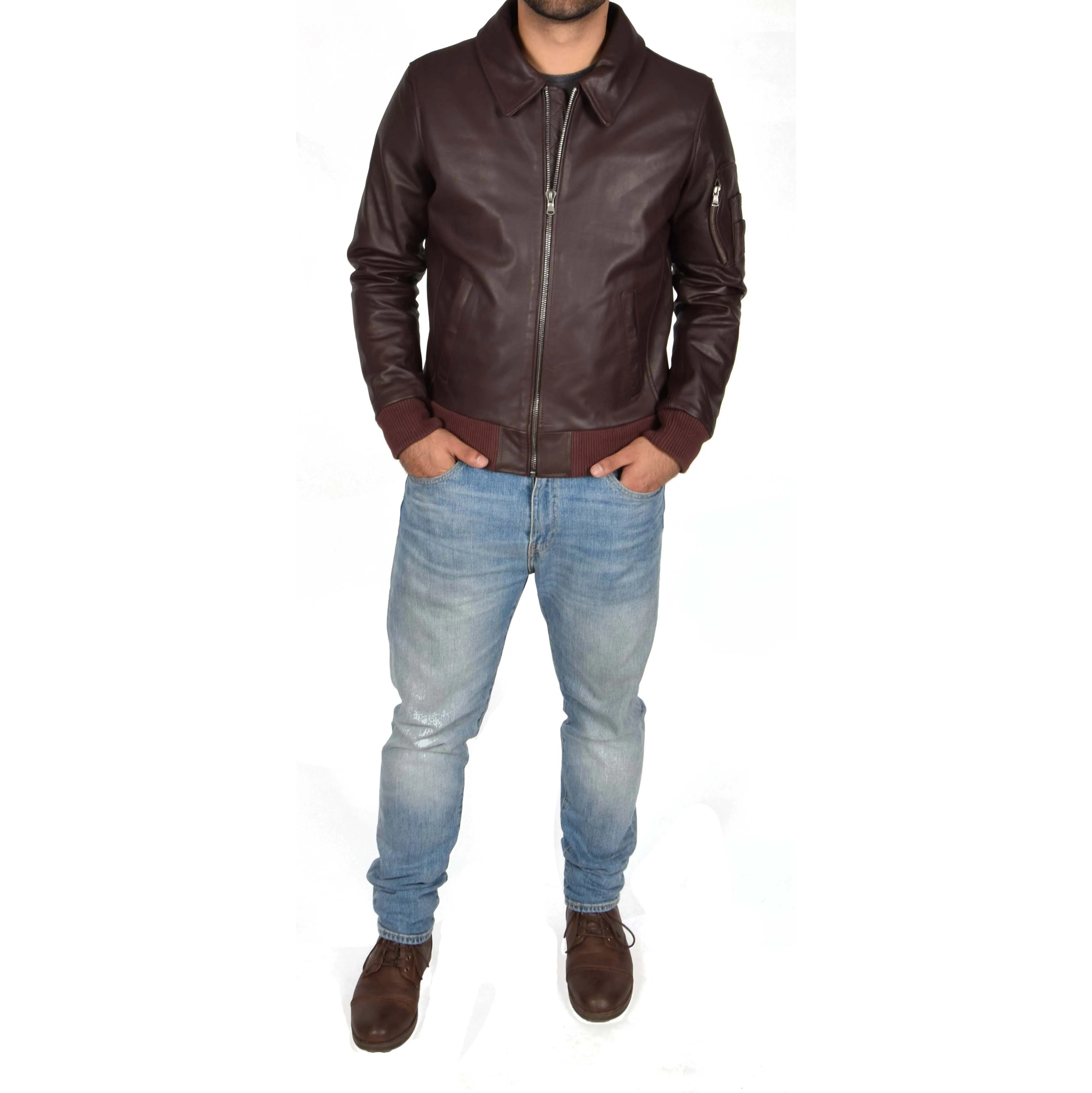 Mens Real Cowhide Bomber Leather Pilot Jacket Lance Burgundy