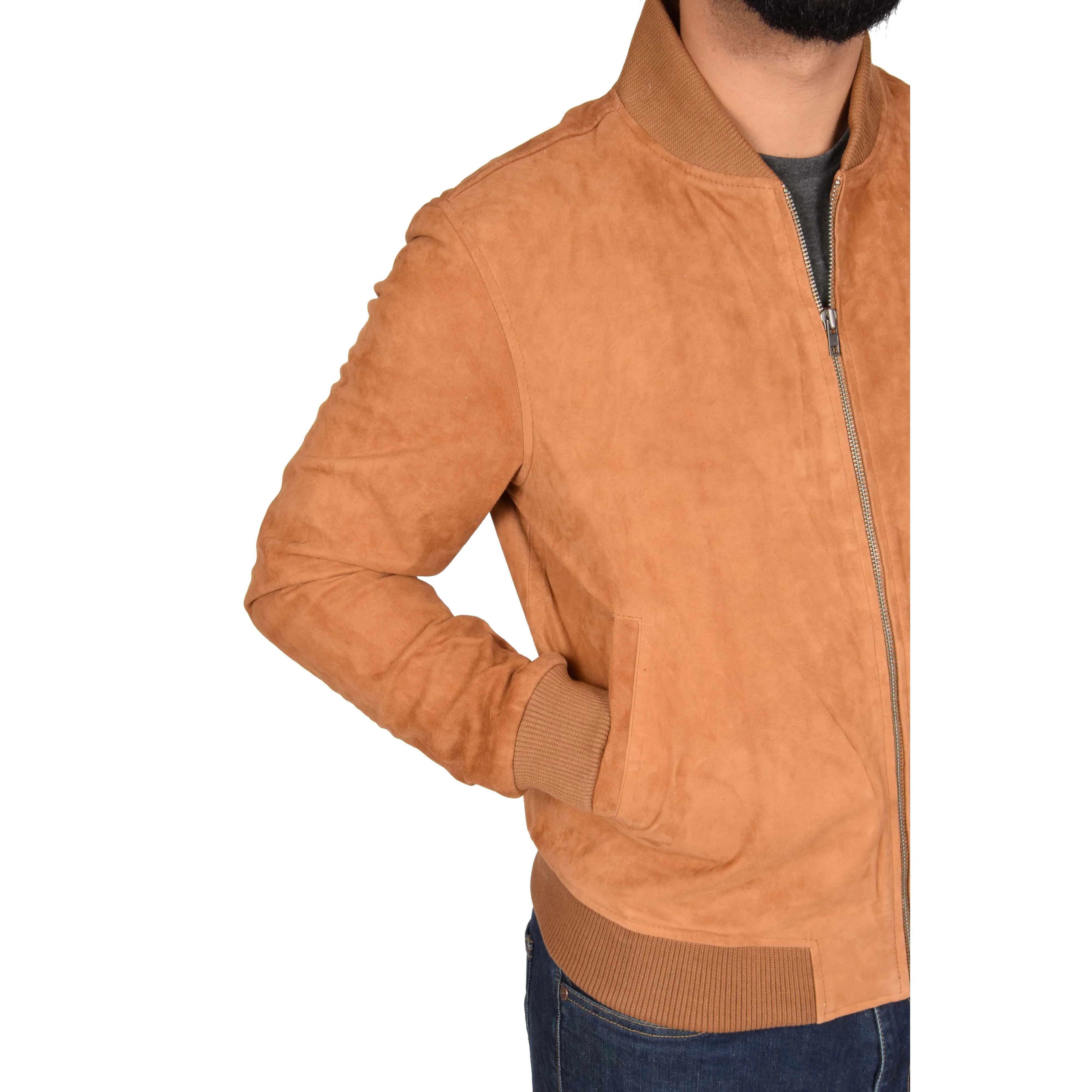 Mens Soft Goat Suede Bomber Varsity Baseball Jacket Blur Tan