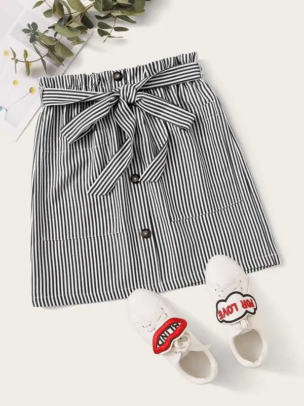 Paperbag Waist Buttoned Front Patch Pocket Striped Skirt