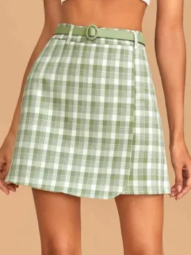 Plaid Belted Wrap Hem Mini Skirt