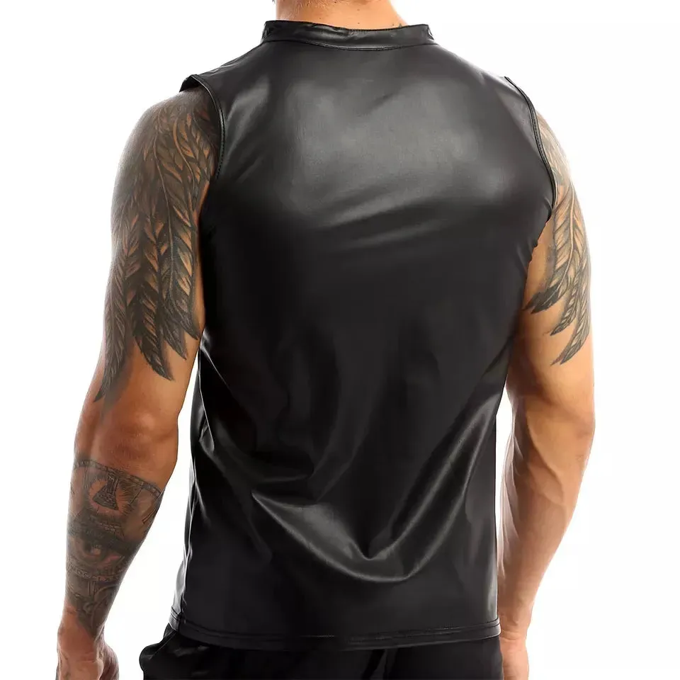 Plus Size Mens Soft PU Leather Sleeveless Shirt Erotic Shaping Sheath Stretch Tank Tops Male Shiny Leather Bodycon Sexi