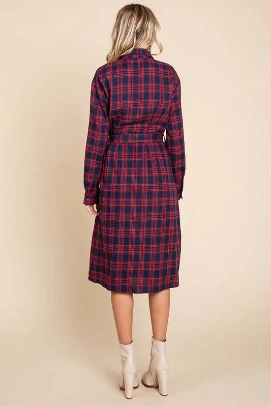 Red Long Sleeve Plaid Belted Flannel Shirt Dress