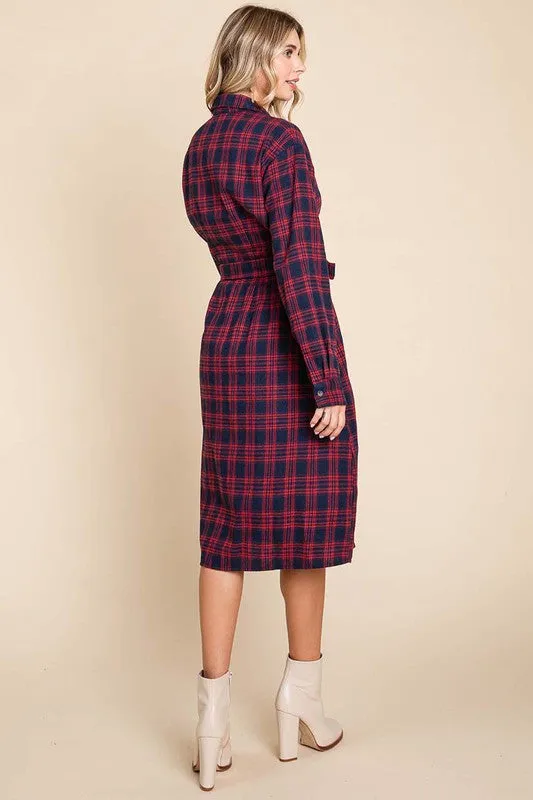 Red Long Sleeve Plaid Belted Flannel Shirt Dress