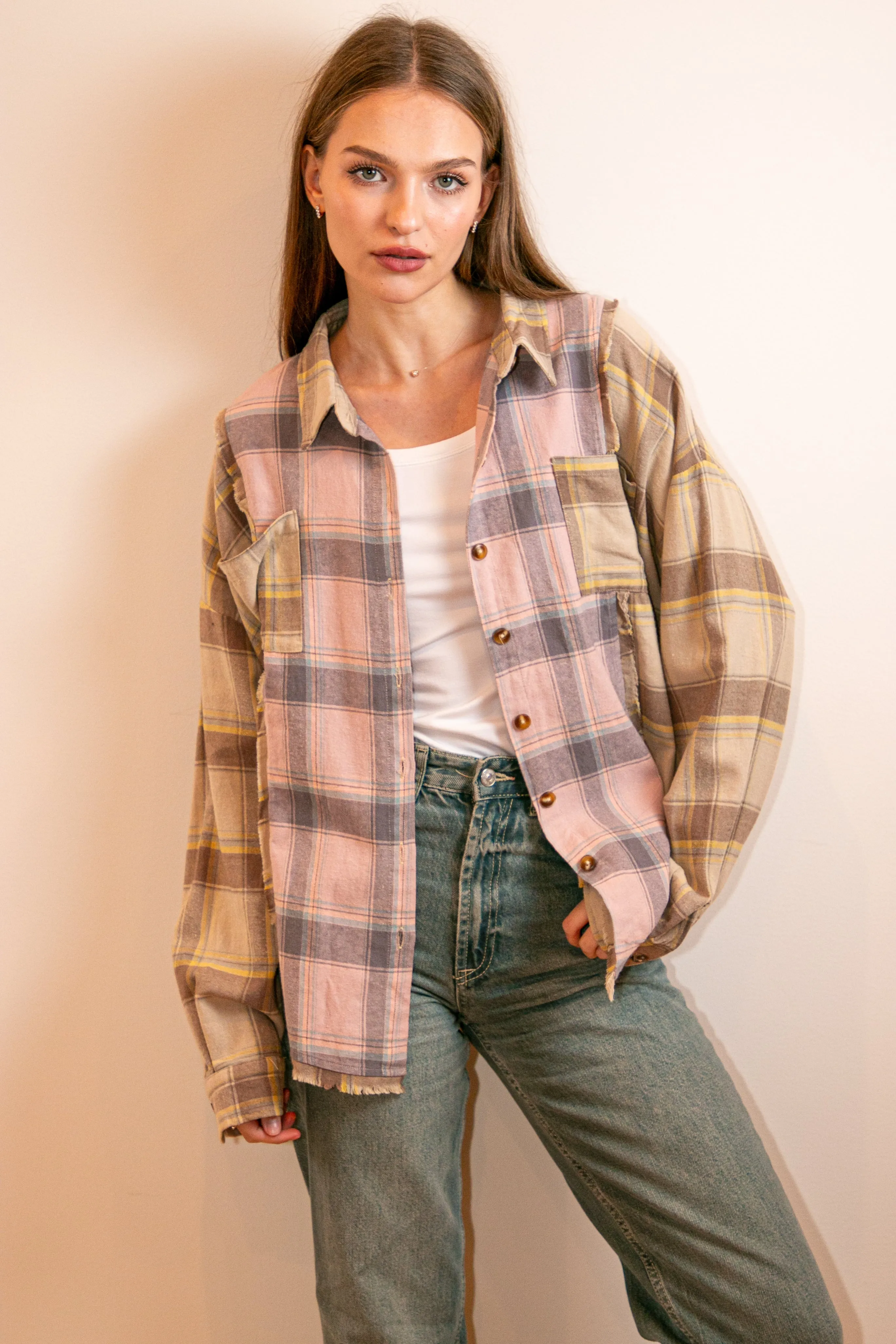 Shirt, Flannel Pink Plaid, Skull Flowers