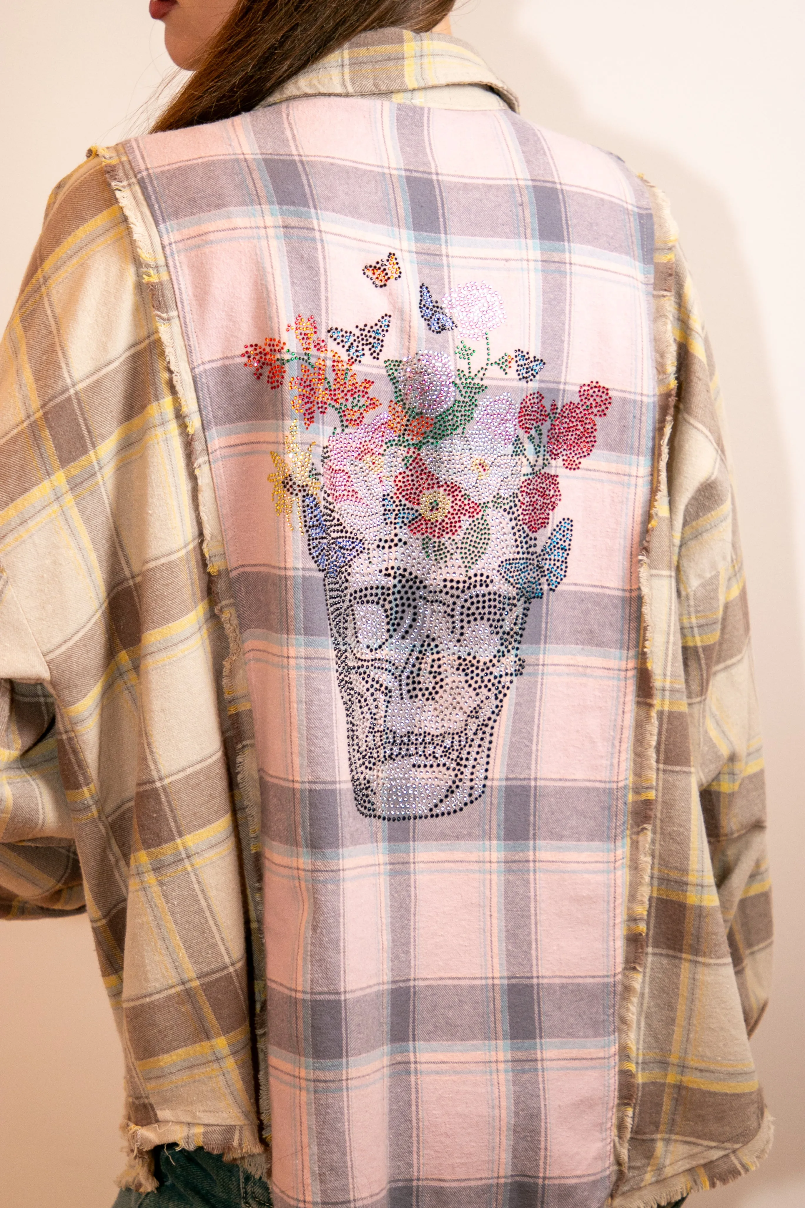 Shirt, Flannel Pink Plaid, Skull Flowers