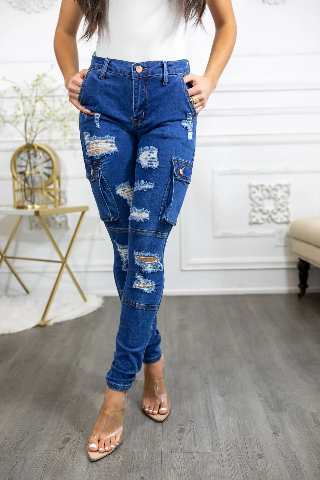 Super Stretch Distracted Distressed Cargo Skinny Jeans