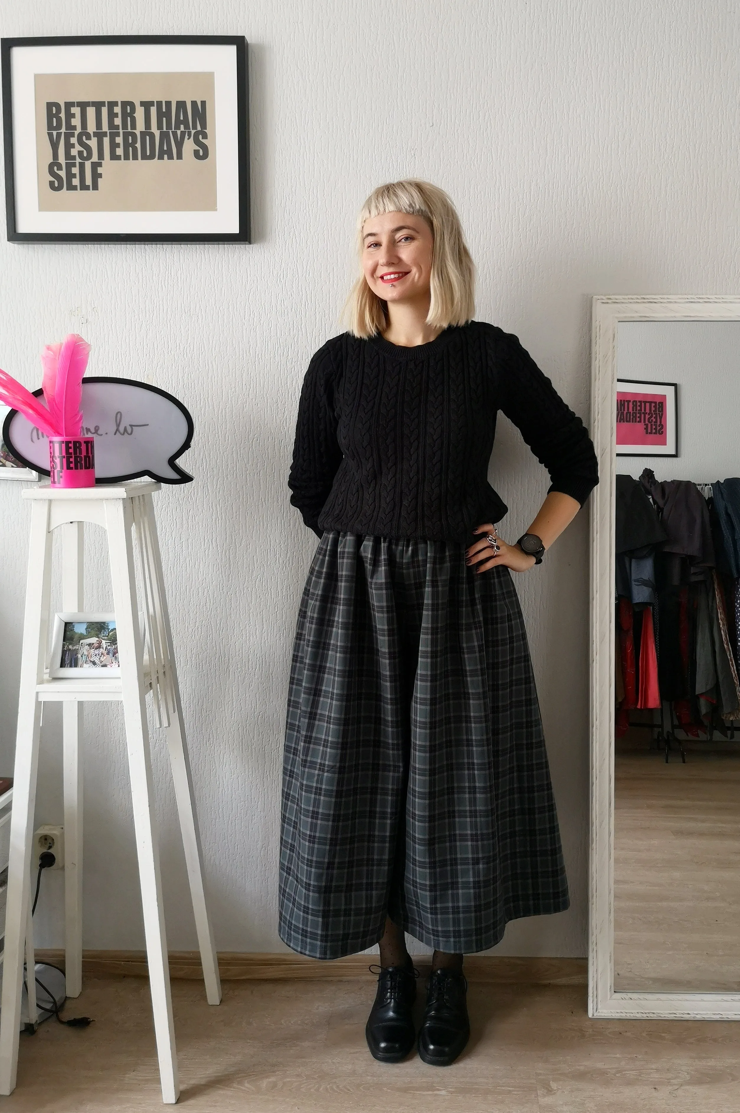 Super Wide One of a Kind Wool Blend Tartan Print in Forest Green, Grey, Black and Red Tones Culottes