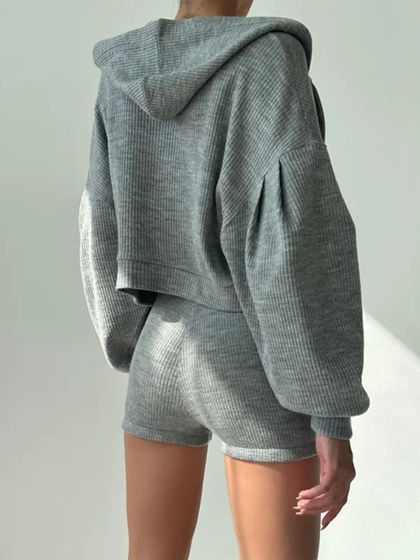 TEEK - Grey Zip Hoodie V-Neck Triangle Bra High Waist Shorts Set