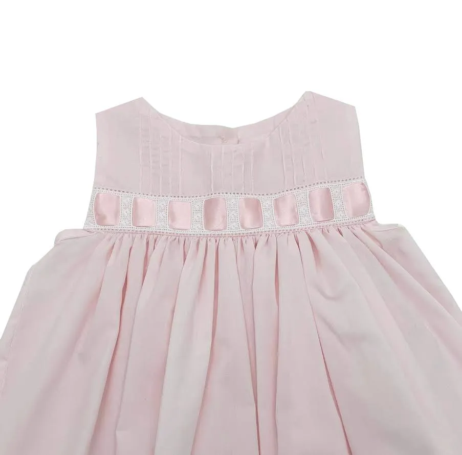 Treasured Memories Pink Sleeveless Dress w/ Pink Ribbon Insertion & White Lace 1908 4901PK/WH