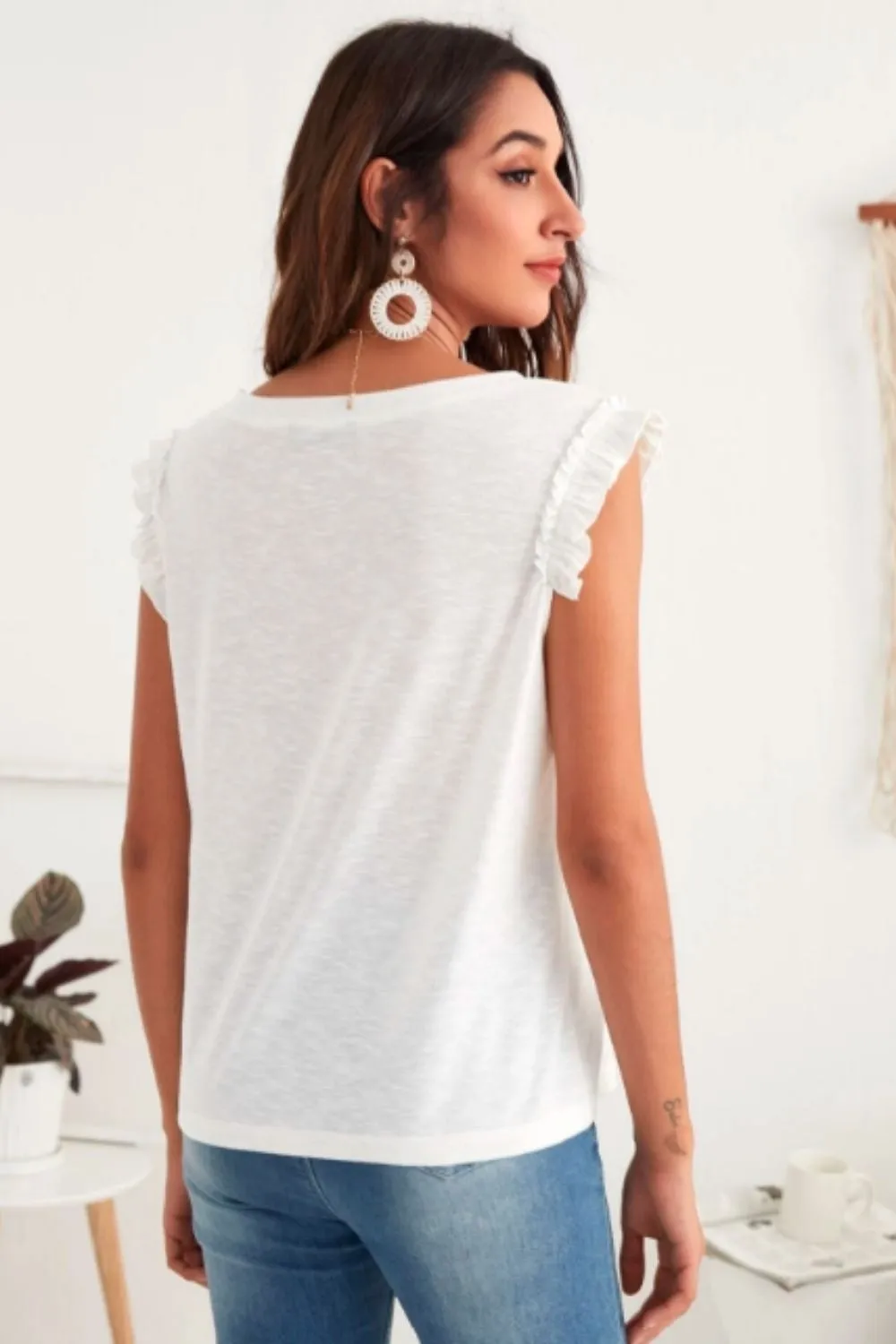 V-Neck White Frill Trim Tank Top