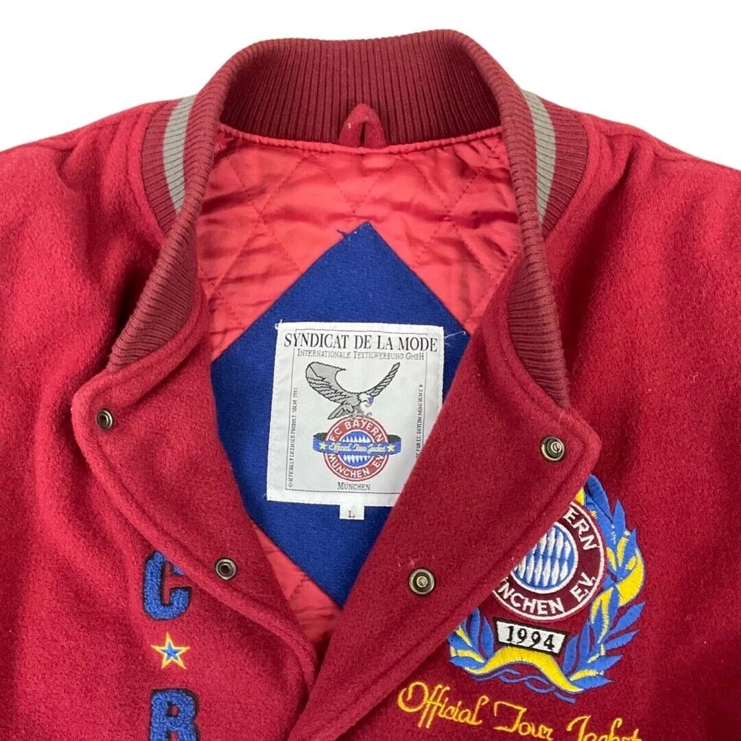 Vintage 1994 Red Bayern Munich FC Embroidered Wool Varsity Tour Jacket L