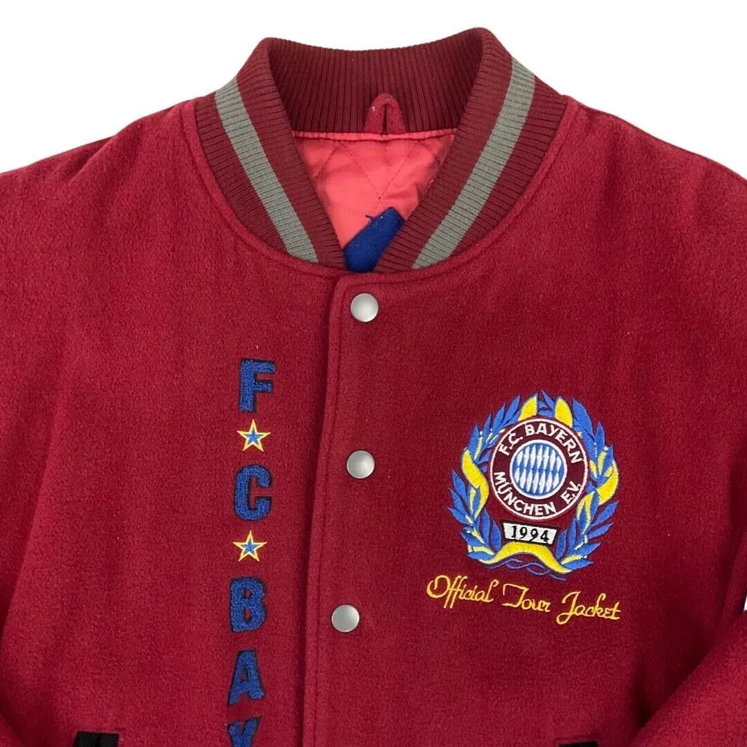 Vintage 1994 Red Bayern Munich FC Embroidered Wool Varsity Tour Jacket L