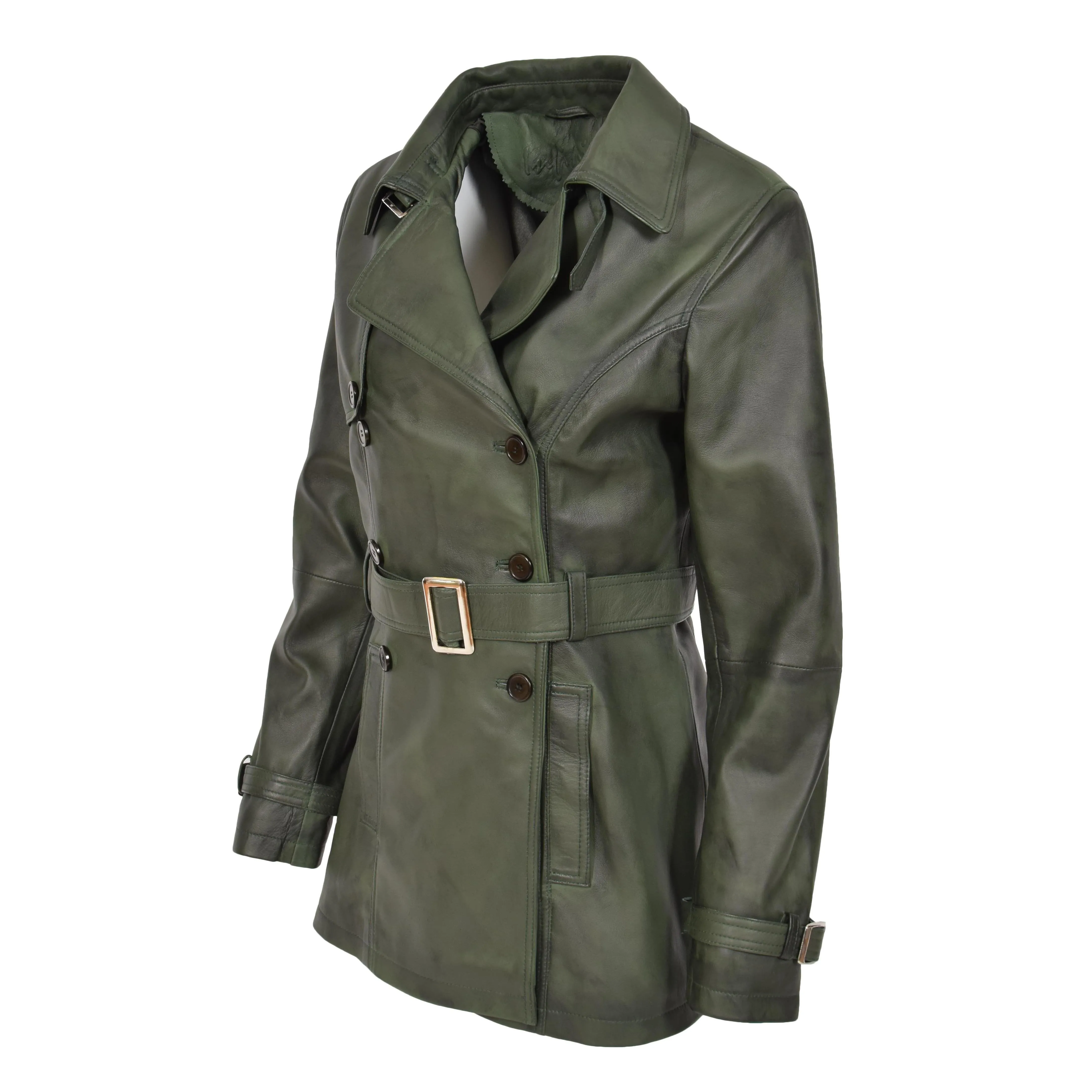 Womens Leather Double Breasted Trench Coat Sienna Green