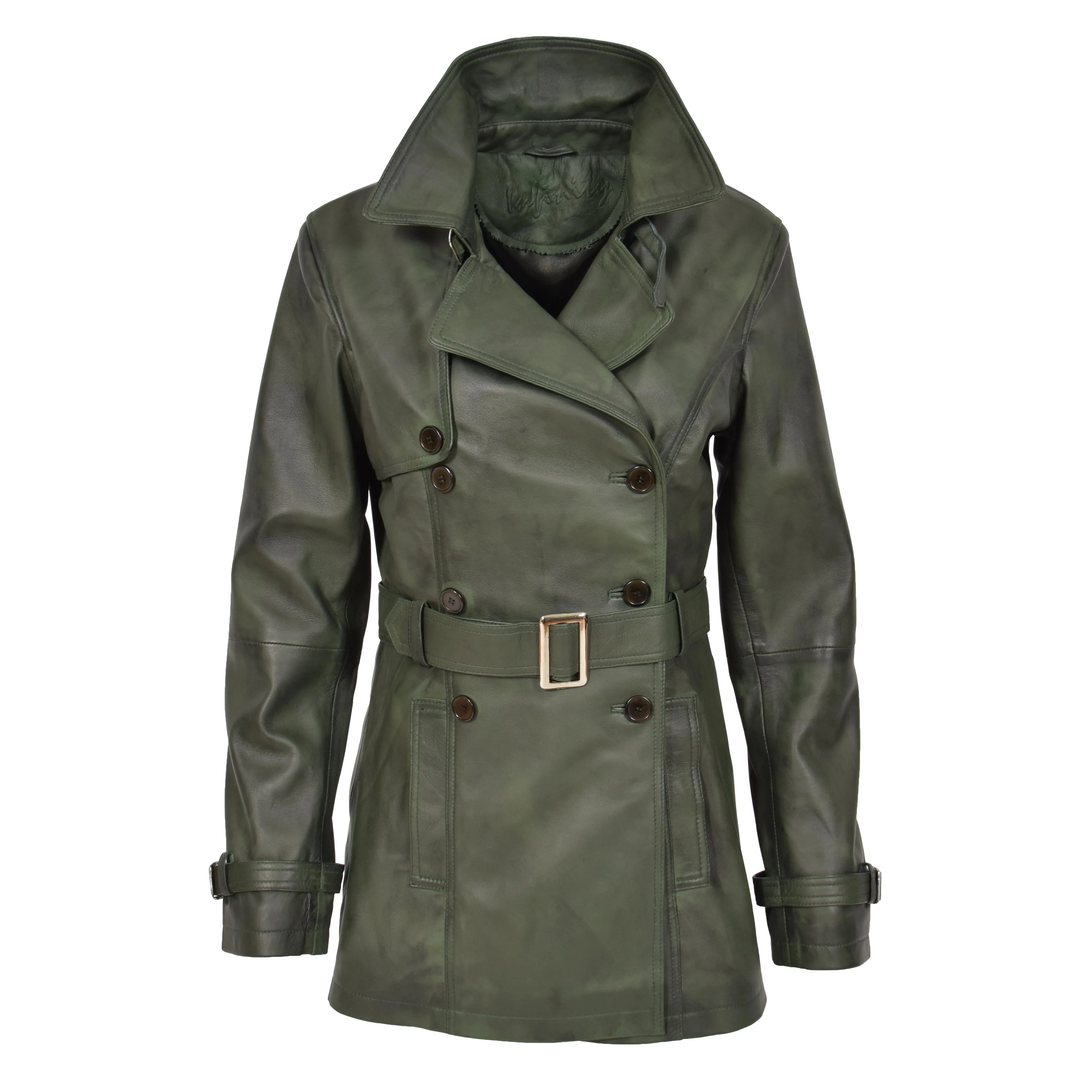 Womens Leather Double Breasted Trench Coat Sienna Green