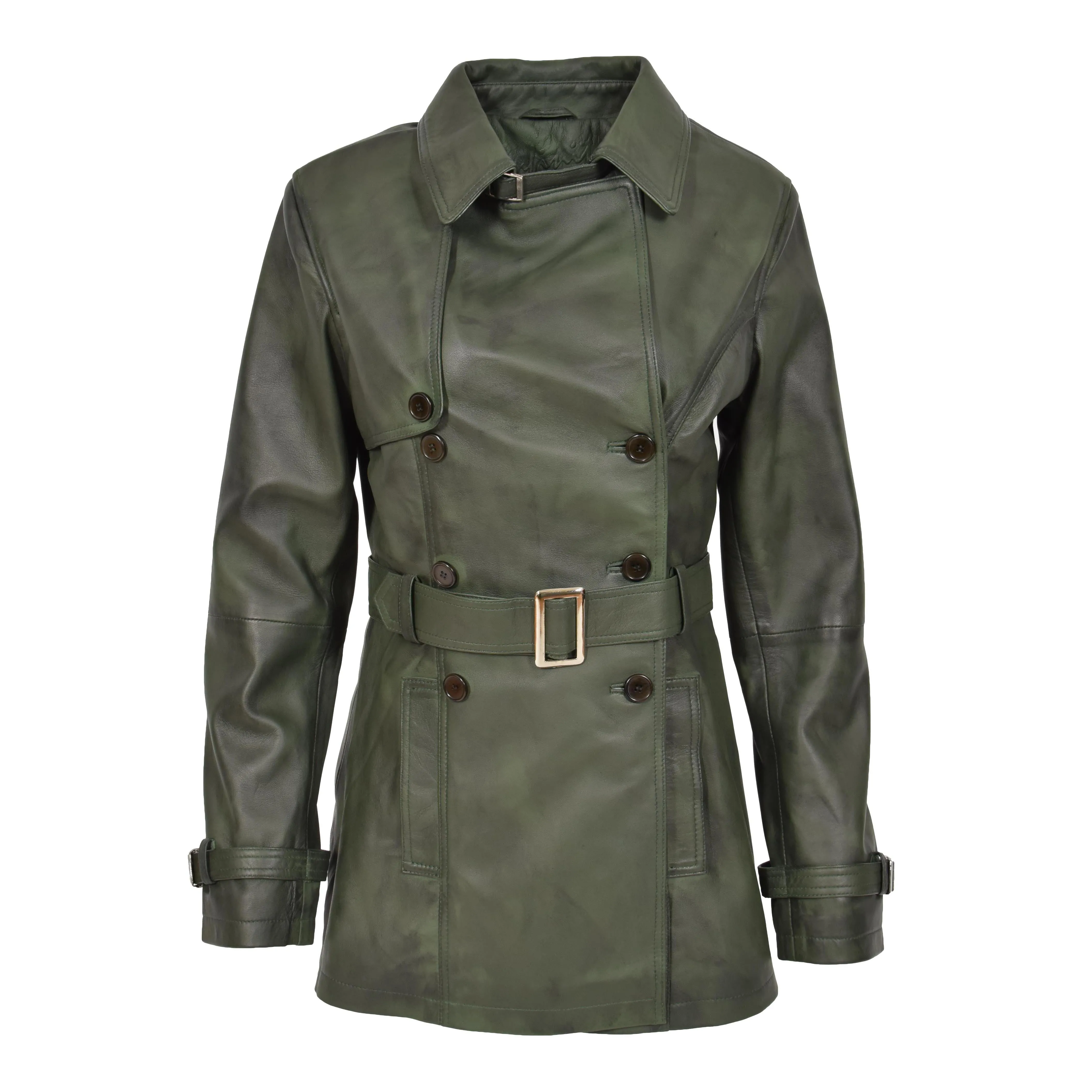 Womens Soft Leather Trench Coat Olivia Green